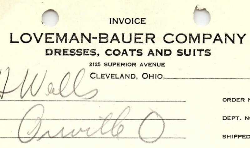 1938 LOVEMAN-BAUER CO. CLEVELAND OH DRESSES COATS SUITS BILLHEAD INVOICE Z1028