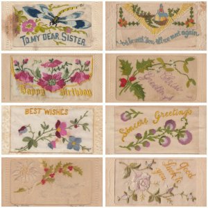 Lot of 8 material embroidered best wishes patterns vintage greetings postcards
