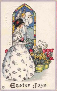 Easter Joys Woman Stained Glass Window Flowers 1910c postcard