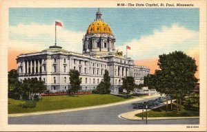 State Capitol St Paul Minnesota Street View American Flags Old Cars Postcard 