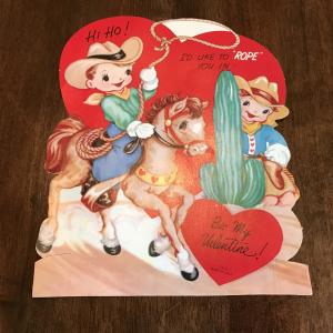 Vintage 1960 Large Kiddie Valentine - Cowboy On Horse w/ Lasso & Cowgirl Hiding