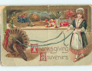 Edge Wear Pre-Linen thanksgiving GIRL HAS TURKEY ON RIBBON LEASH HQ7320