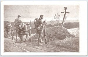 Vintage WWI German Soldiers Praying at Cross Postcard by J. Deil