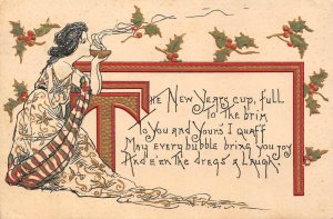 New Years Cup Art Nouveau Woman 1910s Embossed Greetings Postcard Christmas