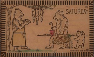 Saturday Teddy Bears Picnic Bunny Rabbits Real Leather c1910 Vintage Postcard