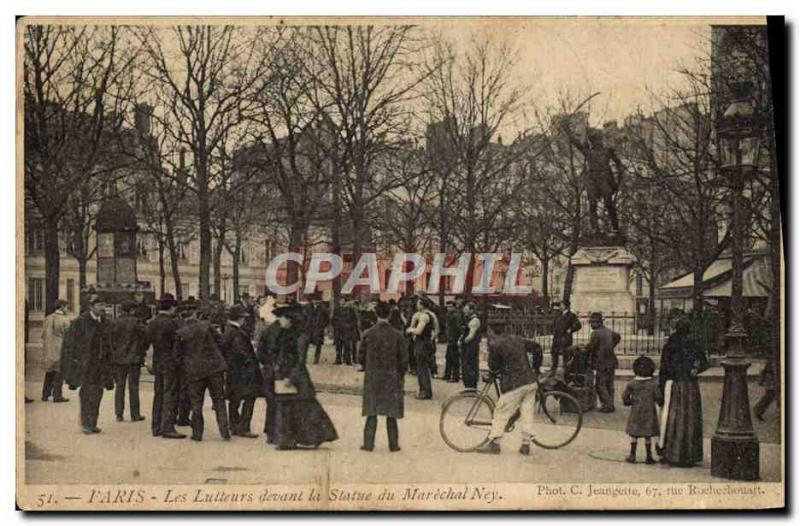 Old Postcard Paris Wrestlers before the statue of Marshal Ney Fight