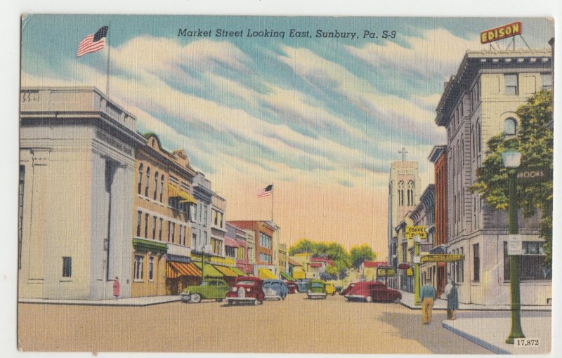 P2671 old postcard market street view old cars etc sunbury penn unused