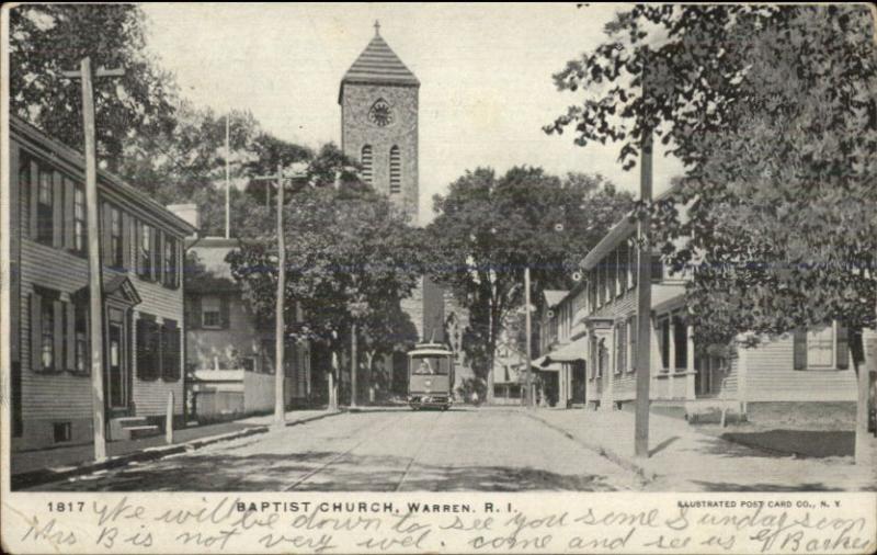 Warren RI Baptist Church Street & Trolley c1910 Postcard