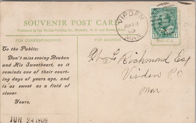 Ruben and His Sweetheart Two People Courting c1909 Virden MB Cancel Postcard H41