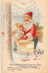 Merry Christmas Santa In Sleigh Holly Snow Forest Antique Postcard K22599