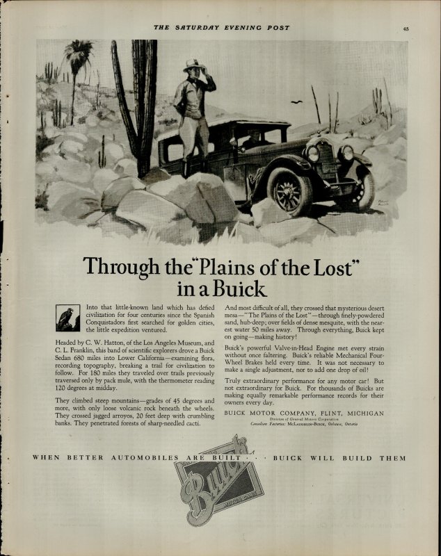 1927 Buick Car Through the Plains of the Lost Buick Vintage Print Ad 3916