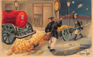 New Year Greetings Sweeping up Gold in the Street Vintage Postcard AA71471