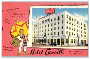 c1950 Hotel Carrillo & Restaurant Classic Cars Santa Barbara California Postcard