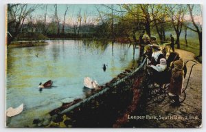 South Bend IN Leeper Parker Childrens Swans Ducks Pond Indiana Postcard A41