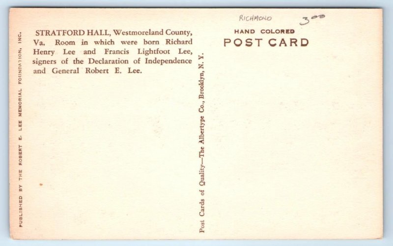 2 Postcards STRATFORD HALL, Virginia VA~ Birthplace ROBERT E. LEE Handcolored