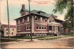 Hand Colored Postcard Kindergarden So. Mechanic St. Jackson, Michigan~133097