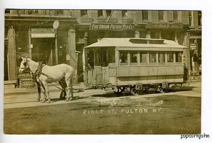 Fulton NY Horse Drawn Trolley Street Vue RPPC Postcard