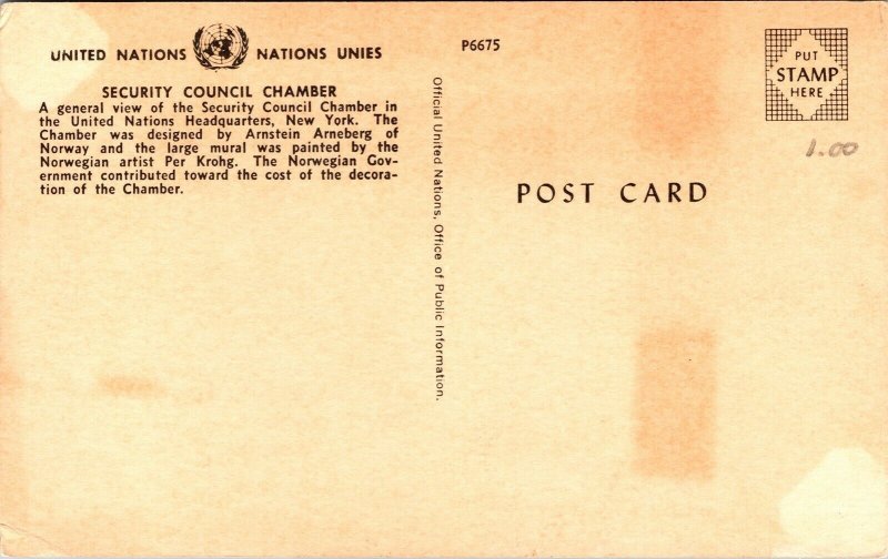 Security Council Chamber General View United Nations New York Postcard VTG UNP 