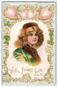 1910 Pretty Girl Hearts Flowers Fondest Love  Nova Scotia NS Canada Postcard