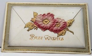 Best Wishes Fold Out Envelope Applied Die Cut Flowers Postcard E3