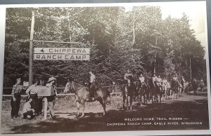 Postcard WI Eagle River Chippewa Ranch Camp horseback trail riders
