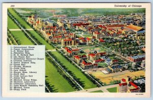 1940-50's UNIVERSITY OF CHICAGO AERIAL VIEW LIST OF BUILDINGS LINEN POSTCARD