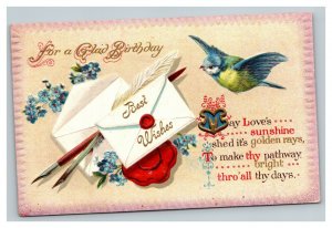 Vintage 1911 Birthday Postcard - Cute Bird Best Wishes Envelope Blue Flowers