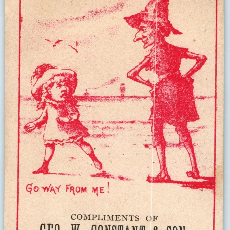 c1880s Creepy Witch Scares Little Girl Humor Trade Card Huge Hook Nose Woman C27