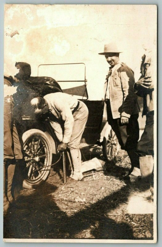 Real Photo Postcard~Men Pumping Up Tire on Vintage Auto~One Works~3 Watch~c1908