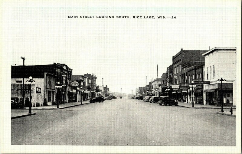 Main Street Looking South, Rice Lake WI Vintage Postcard J53