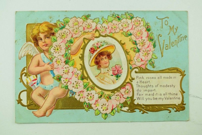 C.1910 Embossed Valentine's Postcard Cupid Heart Wreath Of Flowers Poem F31