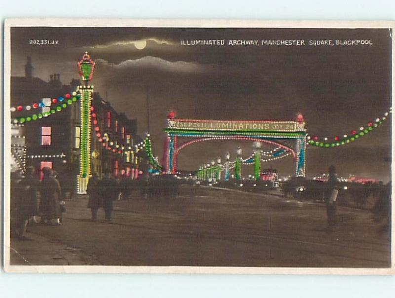 old rppc MANCHESTER SQUARE AT NIGHT Blackpool - Lancashire - England UK HM2283