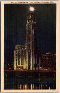 Columbus Ohio OH, Le Veque-Lincoln Tower at Night, Water Reflections, Postcard