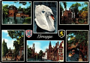 VINTAGE CONTINENTAL SIZE POSTCARD MULTIPLE VIEWS OF BRUGES/BRUGGE BELGIUM 1974