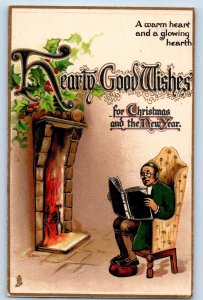 Oconomowoc Wisconsin WI Postcard Christmas New Year Old Man Reading Book Berries