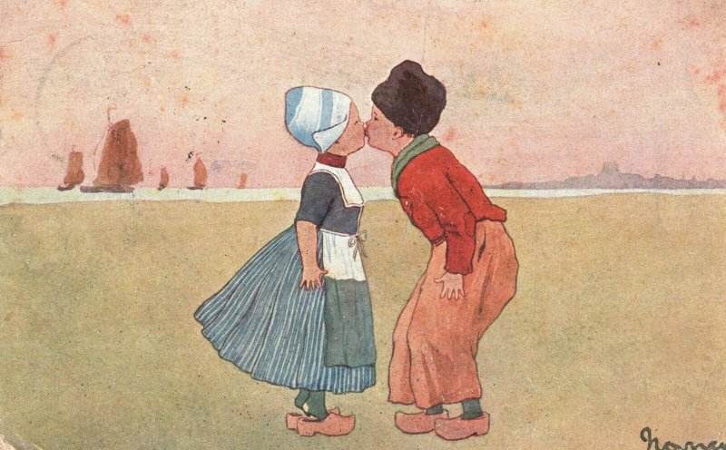 Vintage Postcard 1903 Young Kids Kissing Lips Boy Bending Over Romance