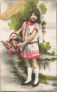 Children portraits & scenes girl dress flower basket coiffure anniversaire