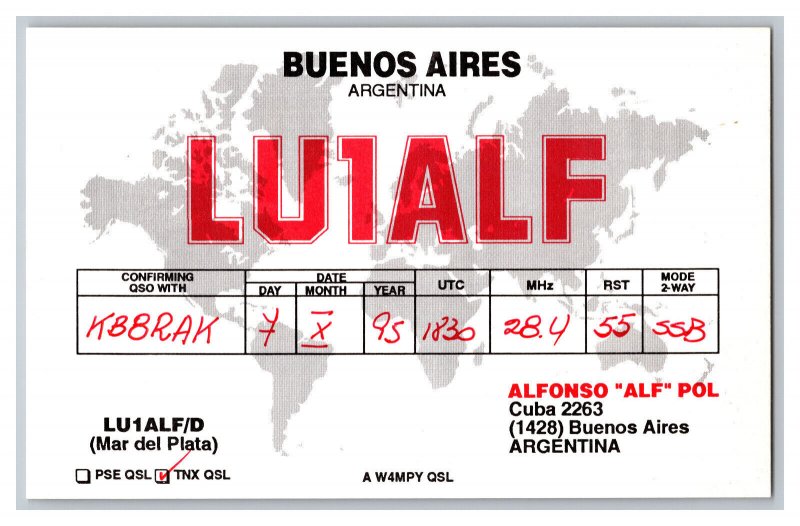 Postcard QSL CB Ham Radio Amateur Card From Buenos Aires Argentina LU1ALF 