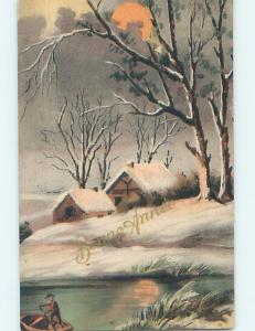 Pre-Linen foreign RIVER BY SNOW-COVERED HOUSES ON MOONLIT NIGHT HL7955