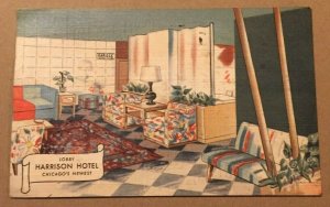 VINTAGE .01 POSTCARD 1950 USED LOBBY, HARRISON HOTEL, CHICAGO'S NEWEST, ILL.