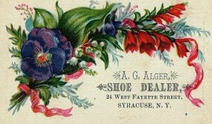 A G Alger Shoe Dealer Flower Ribbon Purple Victorian Calling Card Syracuse NY  