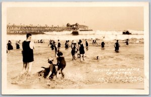 Long Beach California 1930s RPPC Real Photo Postcard Bathing Bathers Surf Pier
