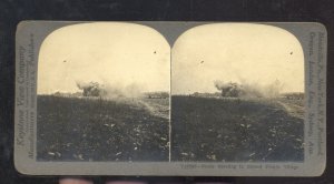 REAL PHOTO WWI BATTLE ACTION SHELLS EXPODING IN FRANCE TOWN STEREOVIEW CARD