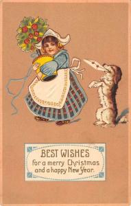 Merry Christmas Best Wishes Dutch Girl With Dog Antique Postcard K97417