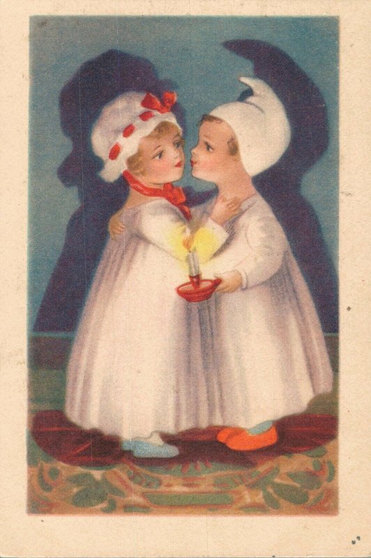 Cute Kids In Night Dress and Candle Vintage Postcard 06.53 