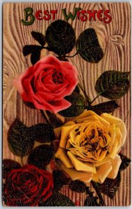 Best Wishes Large Print Yellow Red Pink Roses Flowers Greetings Postcard