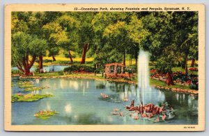 Syracuse New York~Onondoga Park~Fountain~Pergola~Lilypads~1943 Linen Postcard
