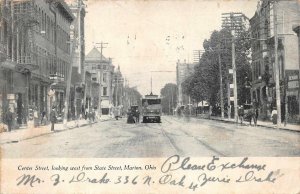 CENTER STREET LOOKING WEST FROM STATE STREET MARION OHIO TROLLEY POSTCARD (1907)