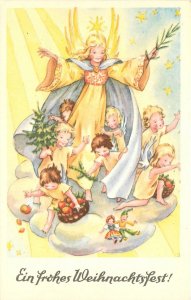 Postcard  1950s Christmas Angel Children Toys fruit artist impression 23-150