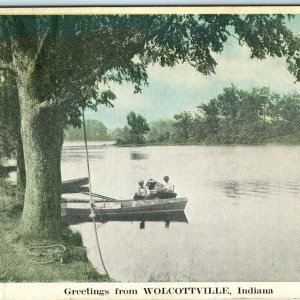 c1910s Wolcottville, Ind. Greetings Boat on Lake Litho Photo Postcard Vtg IN A50